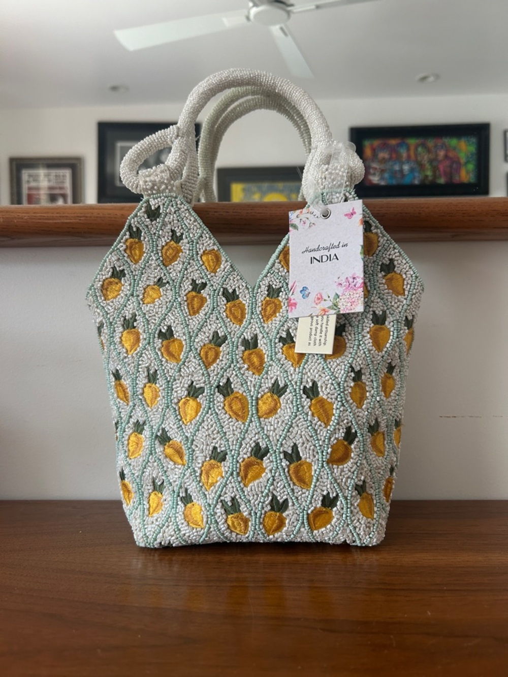 Handcrafted Beaded Bag with Gold Floral Embroidery